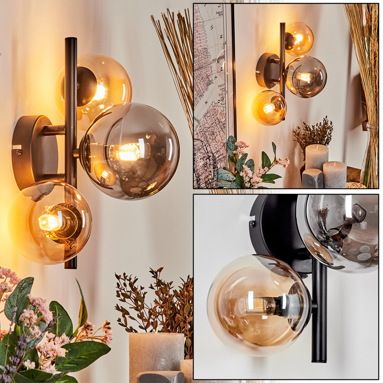 Mehrere Bilder einer Wandlampe mit bernsteinfarbenen und grauen Kugeln, schwarze Halterung. Details und Dekoration werden gezeigt.