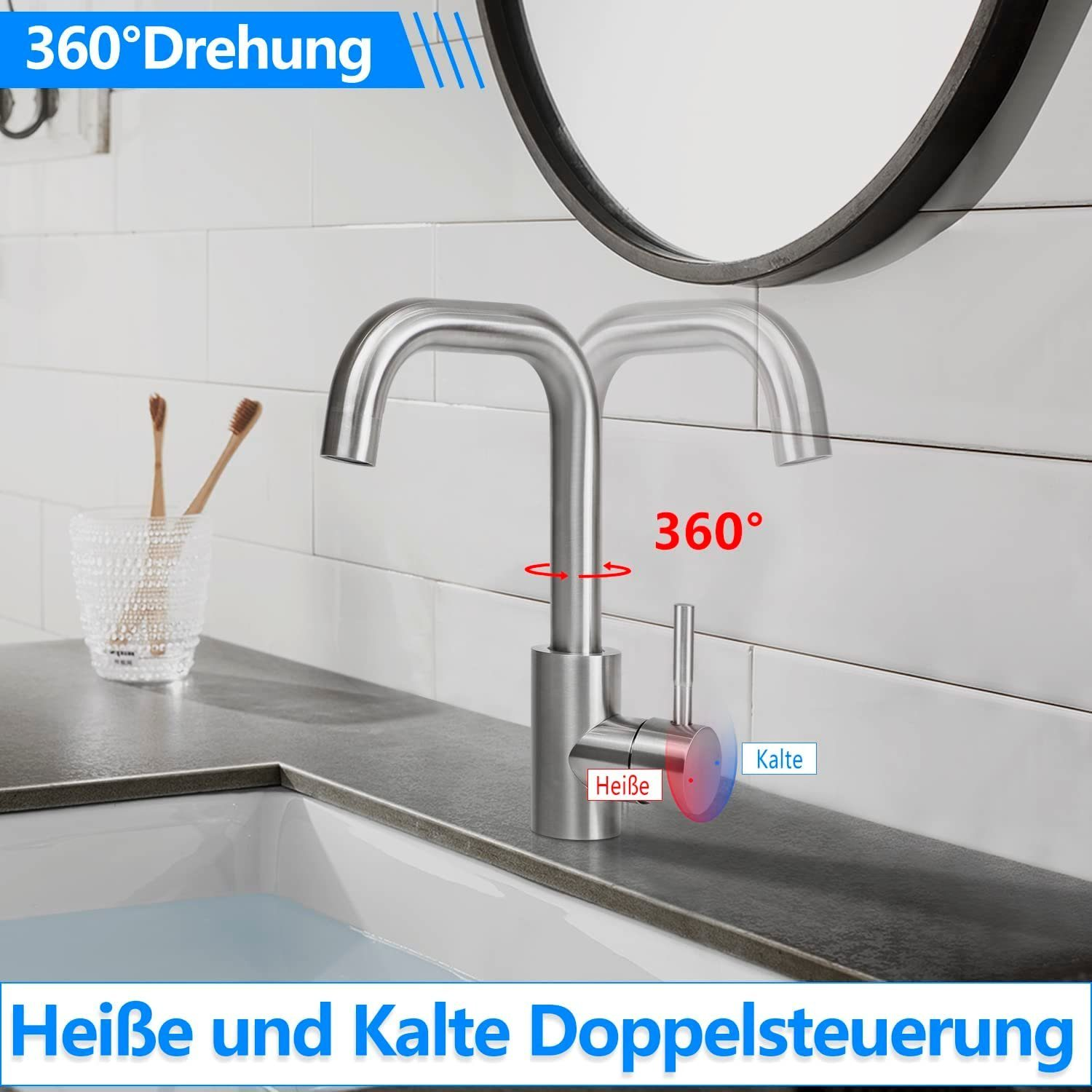 Eine Armatur mit Heiß- und Kaltwassersteuerung. Text zeigt 360-Grad-Drehung.