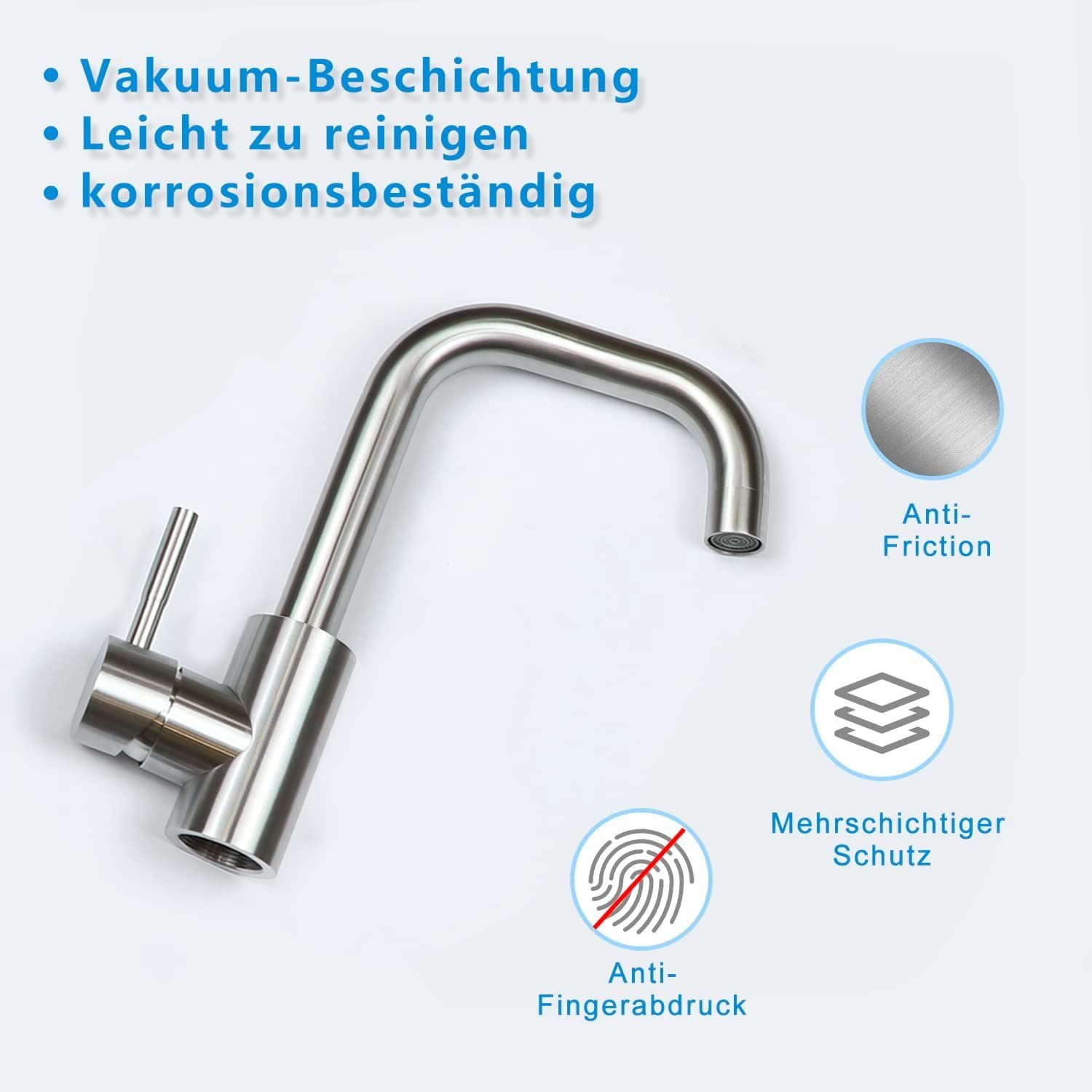 Eine Edelstahlarmatur. Text zeigt Anti-Fingerabdruck und Anti-Reibung.