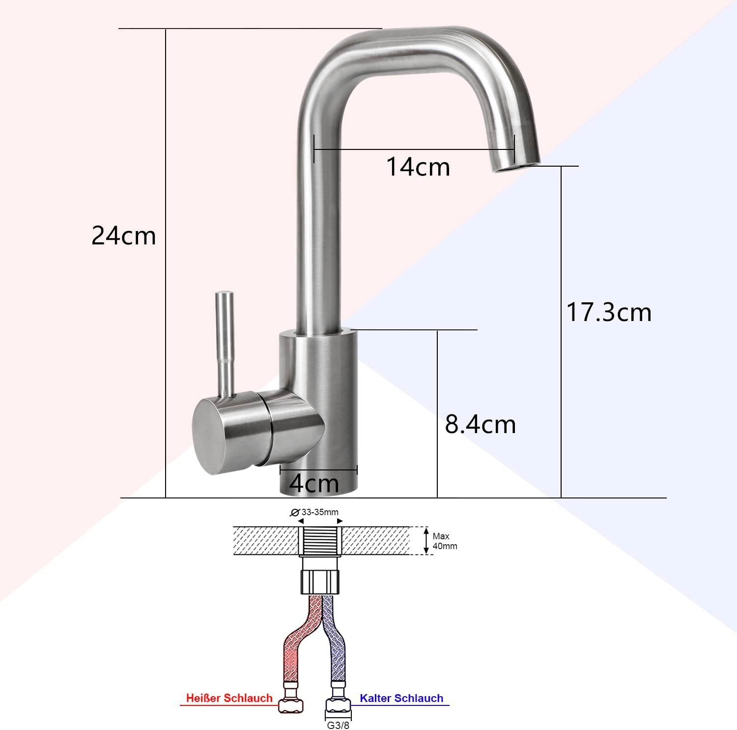 Diagramm, das eine Küchenarmatur mit Maßen und Anschlüssen für heißes und kaltes Wasser zeigt.