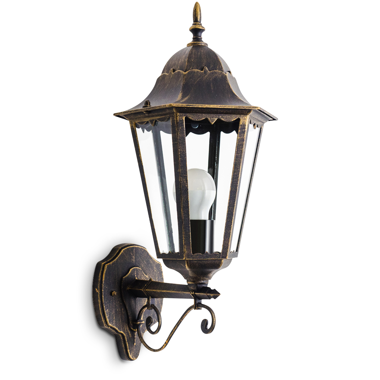 Eine Wandlampe im antiken Stil mit einem klaren Glasgehäuse und einem dekorativen Bronzefinish.