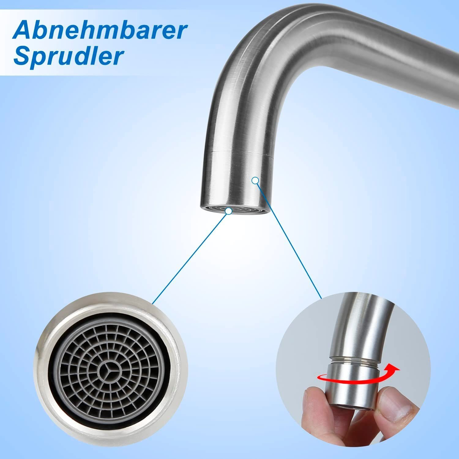 Nahaufnahme eines Küchenarmatur-Belüfters, mit dem Text 'Abnehmbarer Sprudler' auf Deutsch.