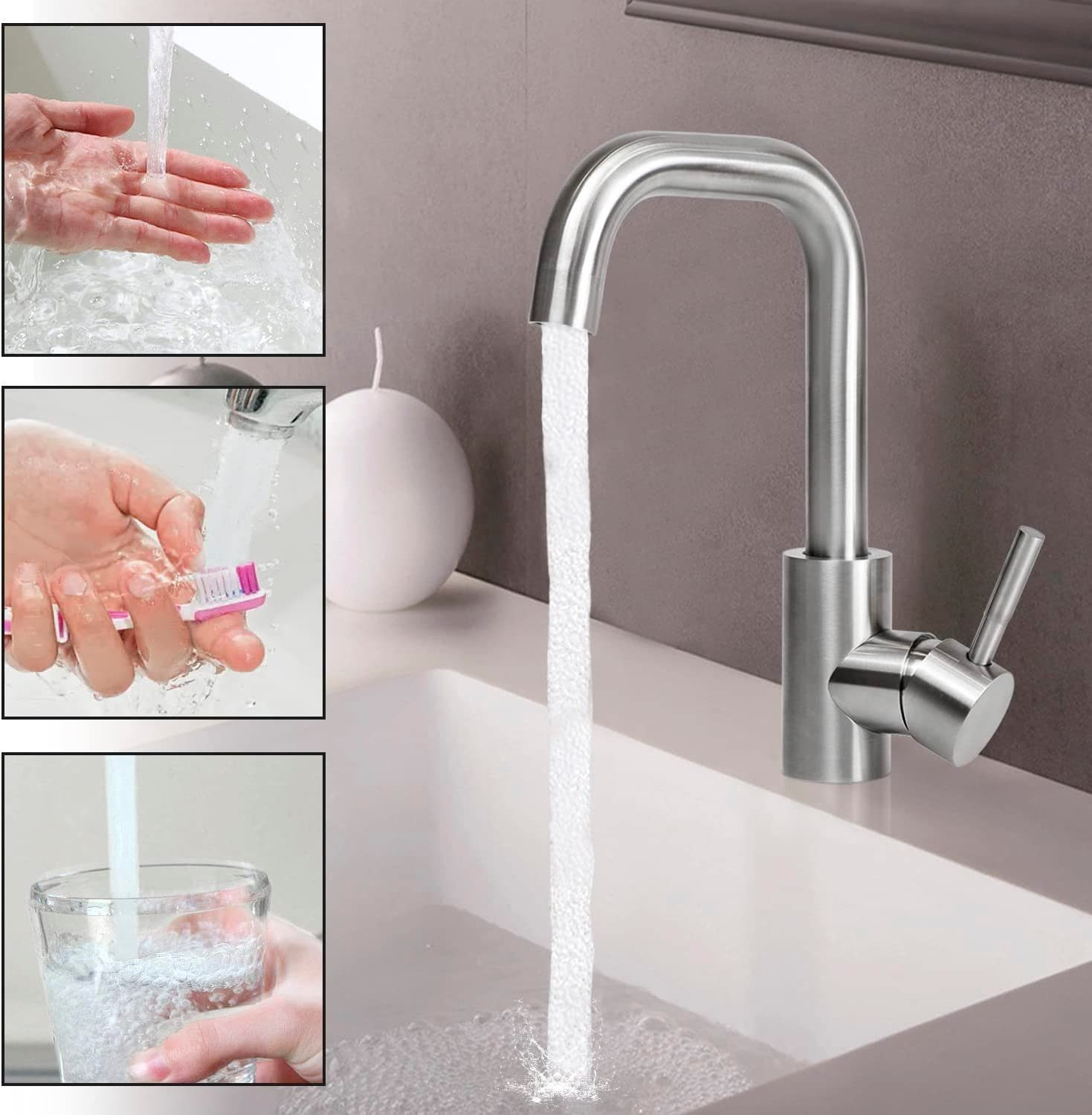 Ein Waschbecken mit einem Wasserhahn, der Wasser ausgießt. Andere Bilder zeigen Hände und ein Glas Wasser.