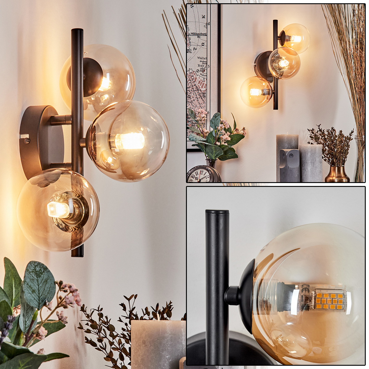Eine Zusammenstellung von Bildern einer Wandlampe mit drei bernsteinfarbenen Schirmen, mit Hintergrunddekoration.