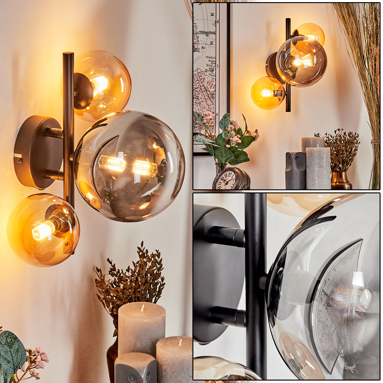 Eine Wandleuchte mit drei Glaskugeln, die Lampe befindet sich an einer Wand neben Pflanzen und Dekoration.