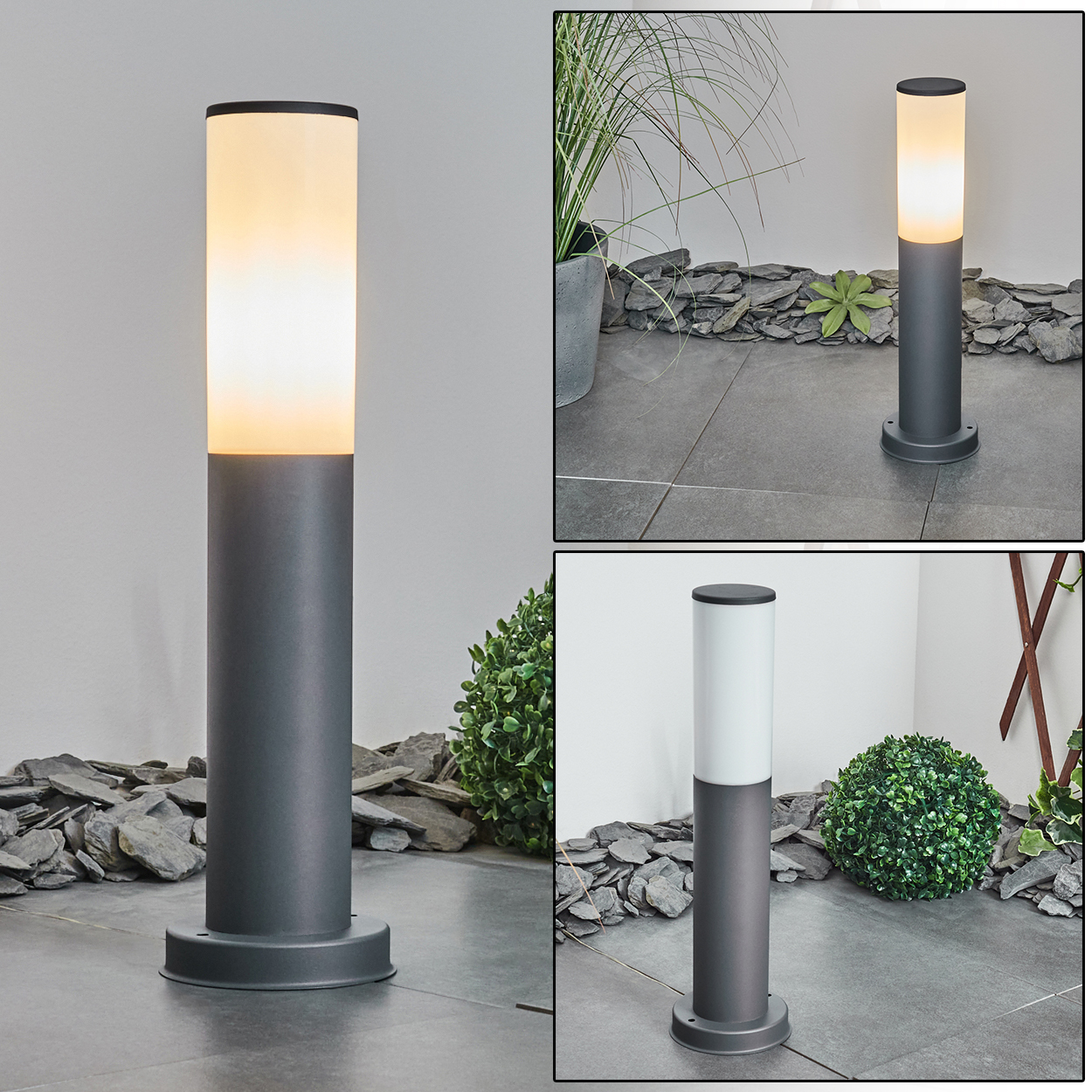 Drei Bilder von grauen zylindrischen Lampen, die Licht aussenden, in einer Außenumgebung.