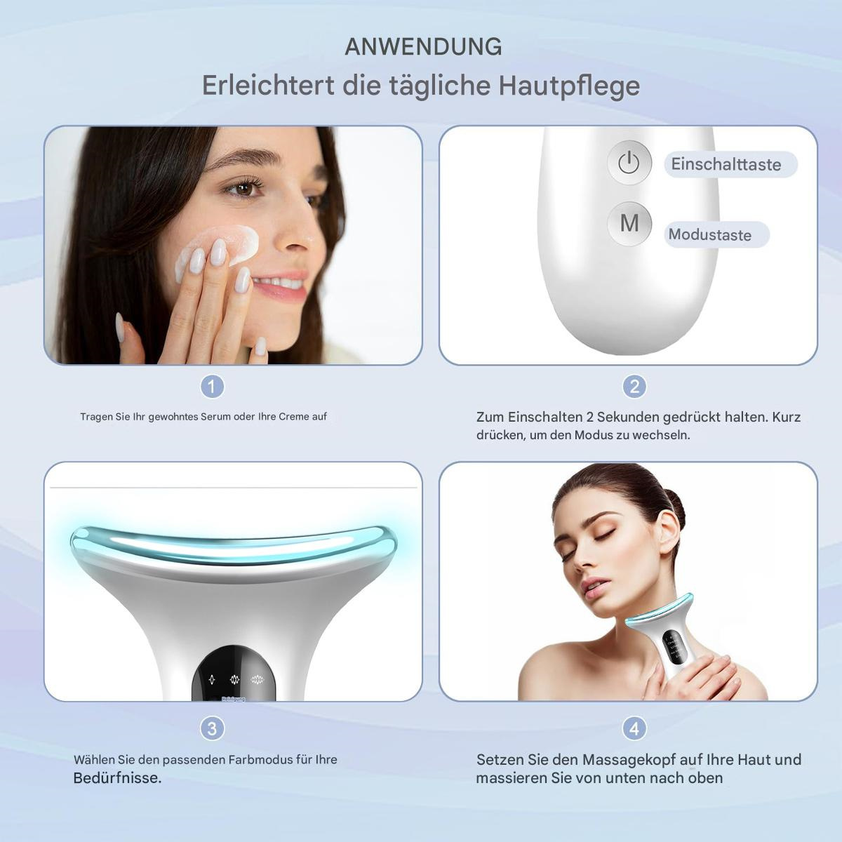 Eine Anleitung für Hautpflege mit einer Frau, die Creme aufträgt und ein Gerät benutzt.