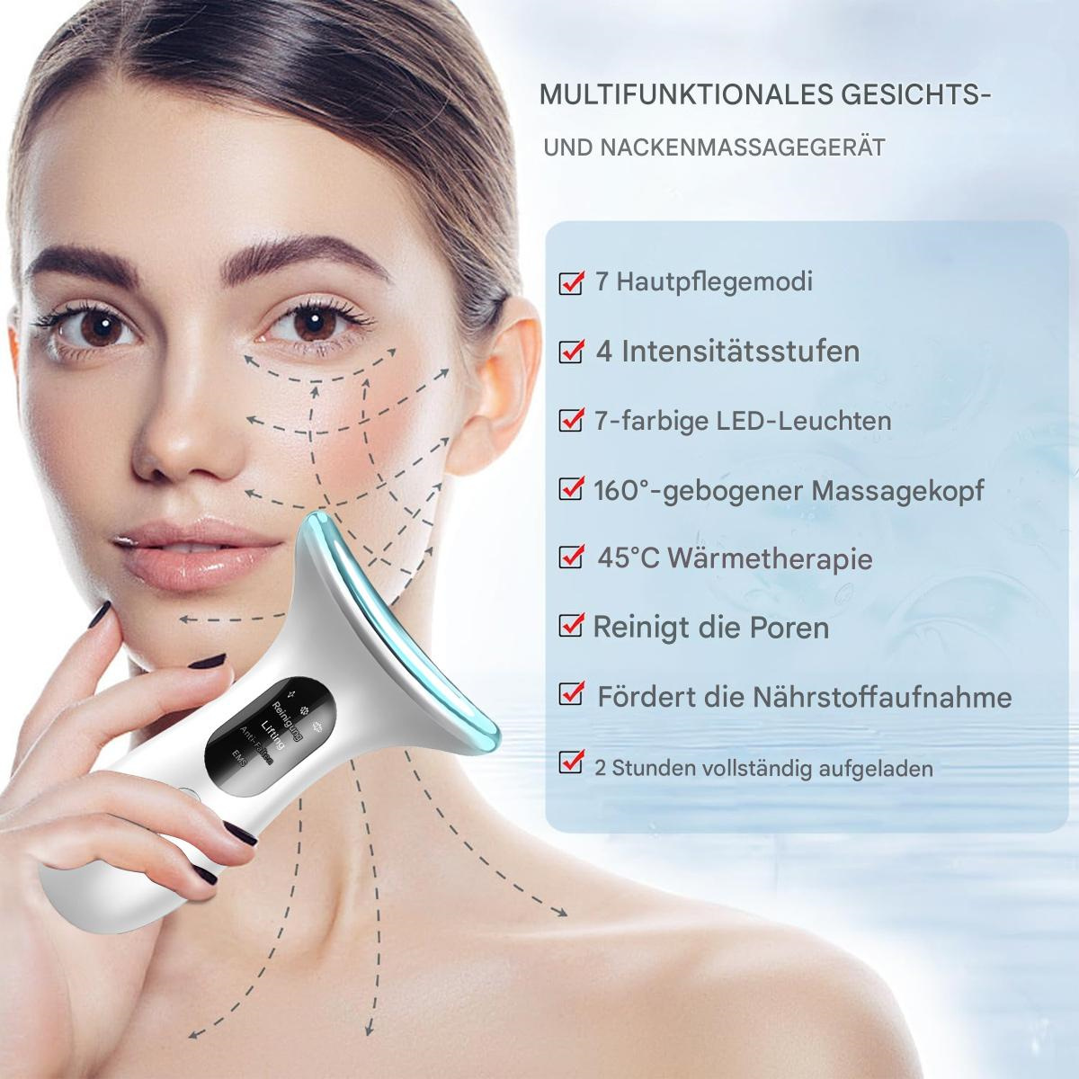 Frau mit Gesichtsmassagegerät. Text zeigt Merkmale wie LED-Leuchten und Porenreinigung.