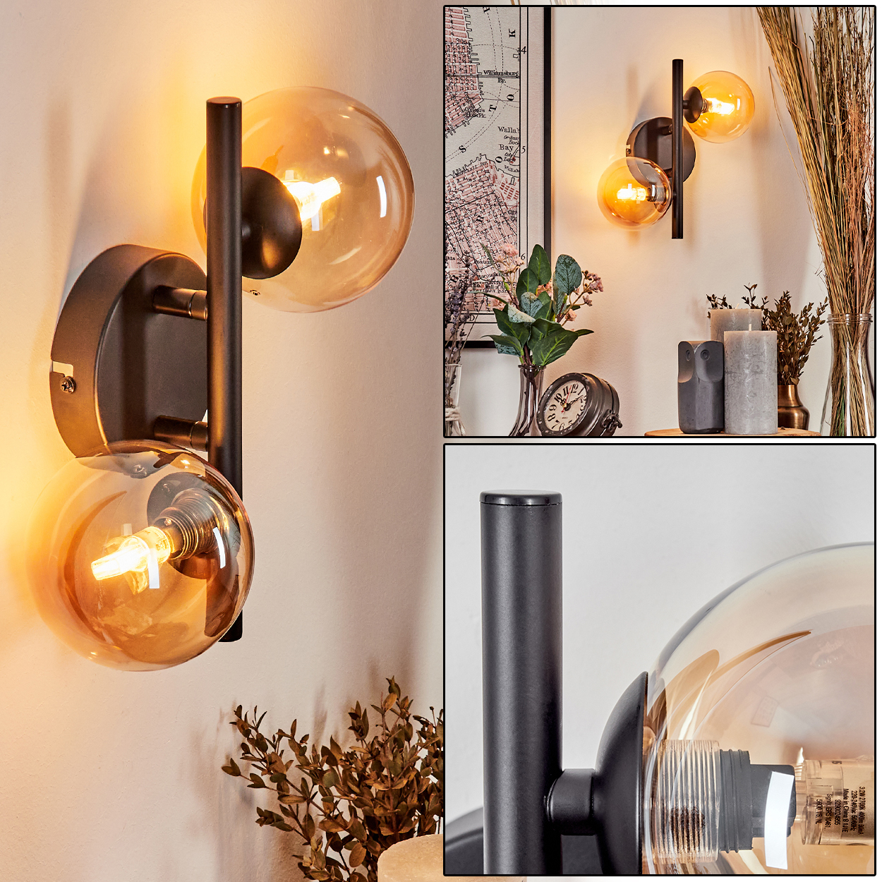 Moderne Wandleuchte mit zwei bernsteinfarbenen Glaskugeln, schwarzem Rahmen, weiße Wand, Deko.