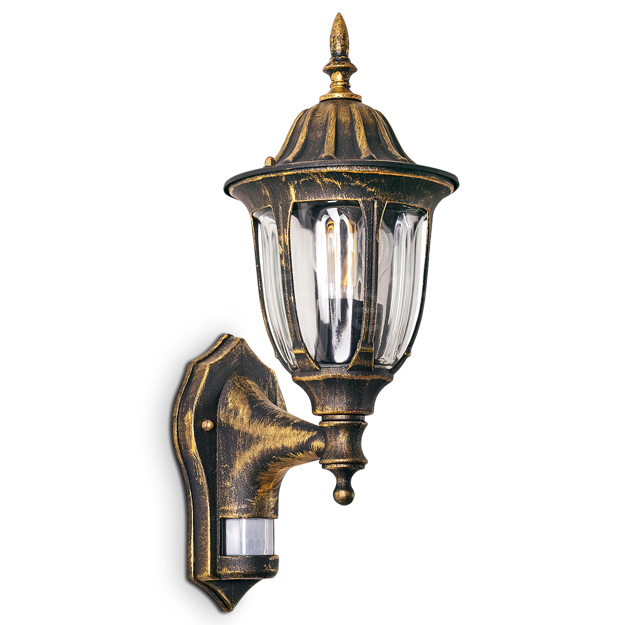 Eine Außenwandleuchte mit schwarz-goldener Oberfläche. Die Lampe hat einen klaren Glasschirm und einen Bewegungssensor.