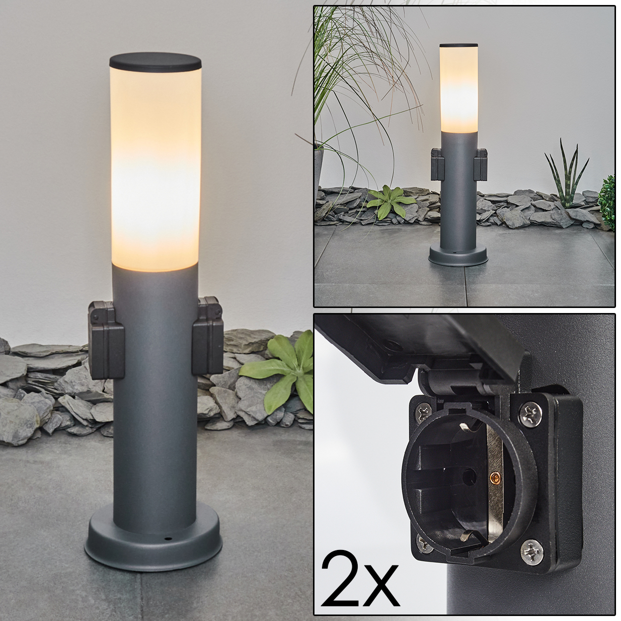 Zylindrische Außenlampe mit weißem Oberteil und grauem Gehäuse, 2 Steckdosen.
