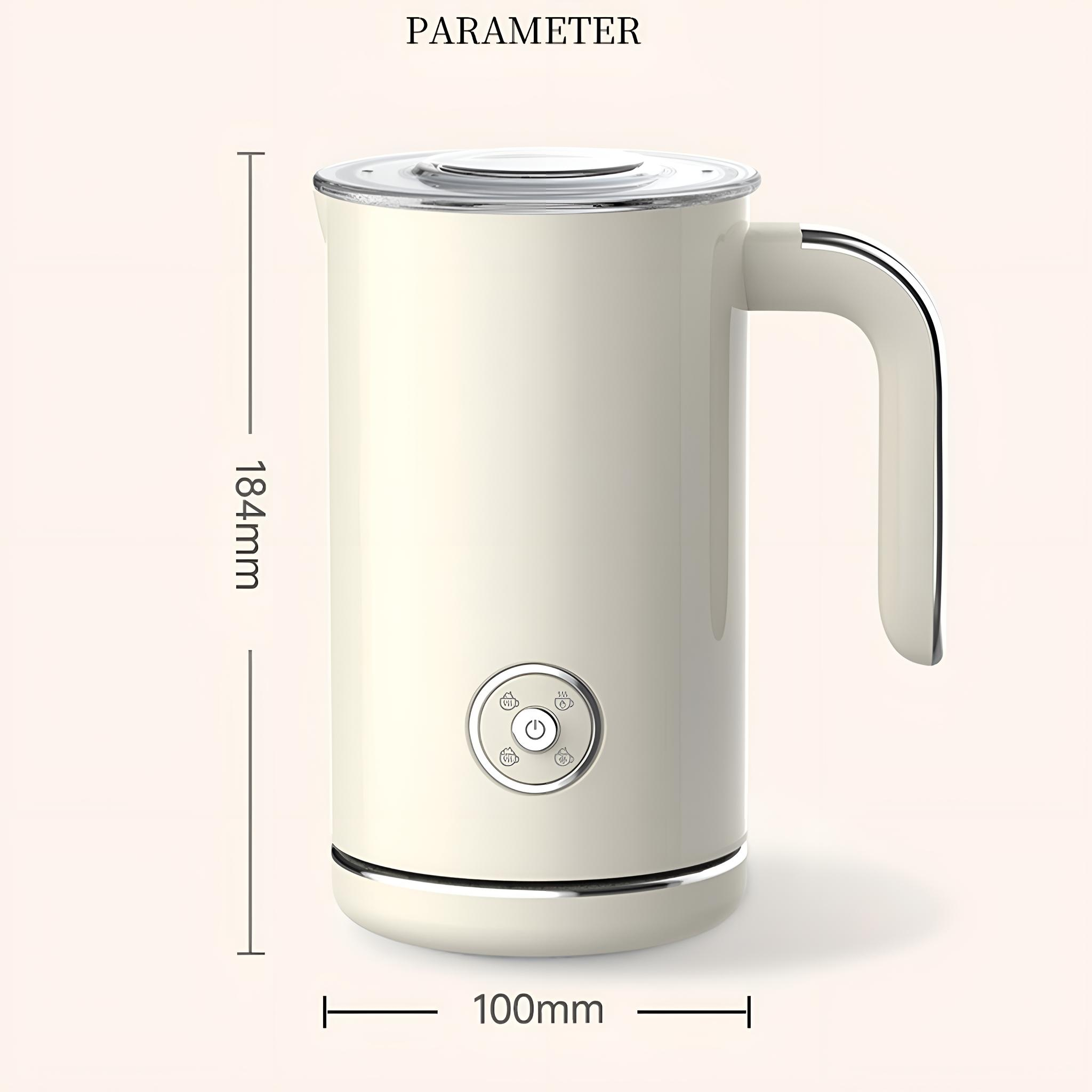 Cremefarbener Wasserkocher mit Maßen, mit Knöpfen und Griff auf weißem Hintergrund.