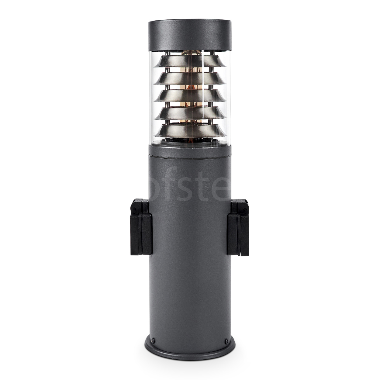 Eine zylindrische graue Außenlampe mit einer Reihe silberfarbener horizontaler Lamellen und schwarzen Akzenten.