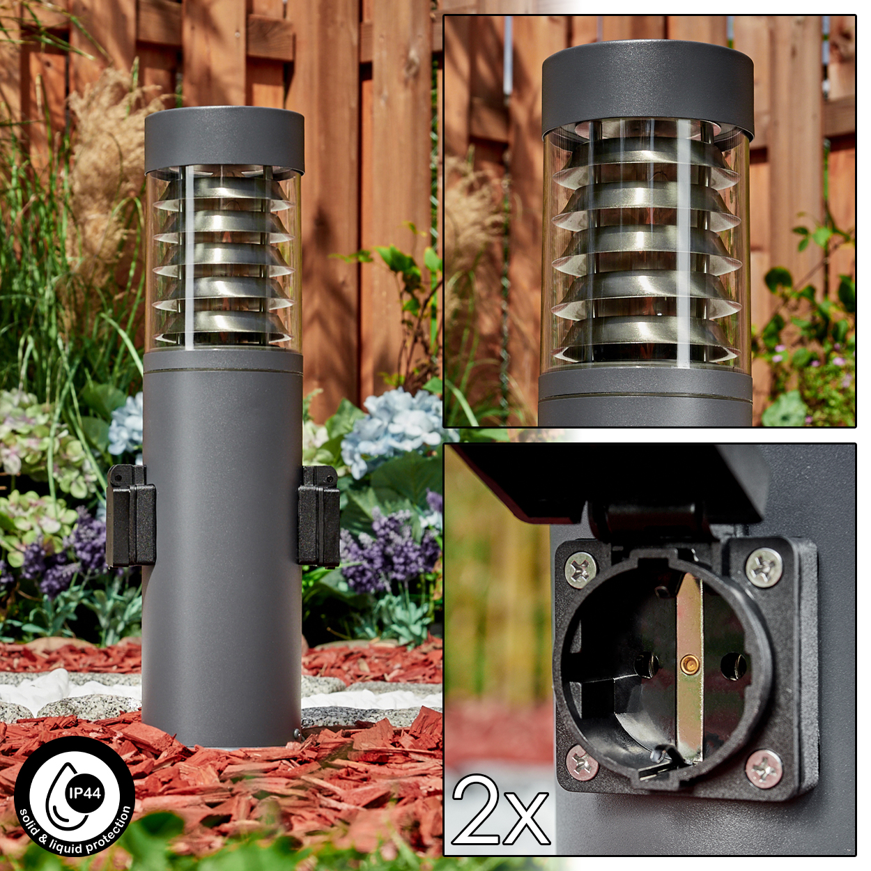 Außenlampe mit grauem zylindrischen Körper, schwarzen Akzenten und silbernen Lamellen. Zeigt IP44-Schutz.