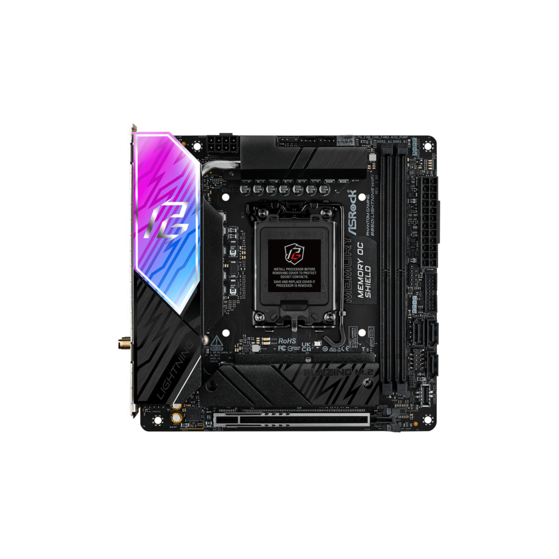 Czarna płyta główna z kolorowym logo, różne porty. Tło jest białe.