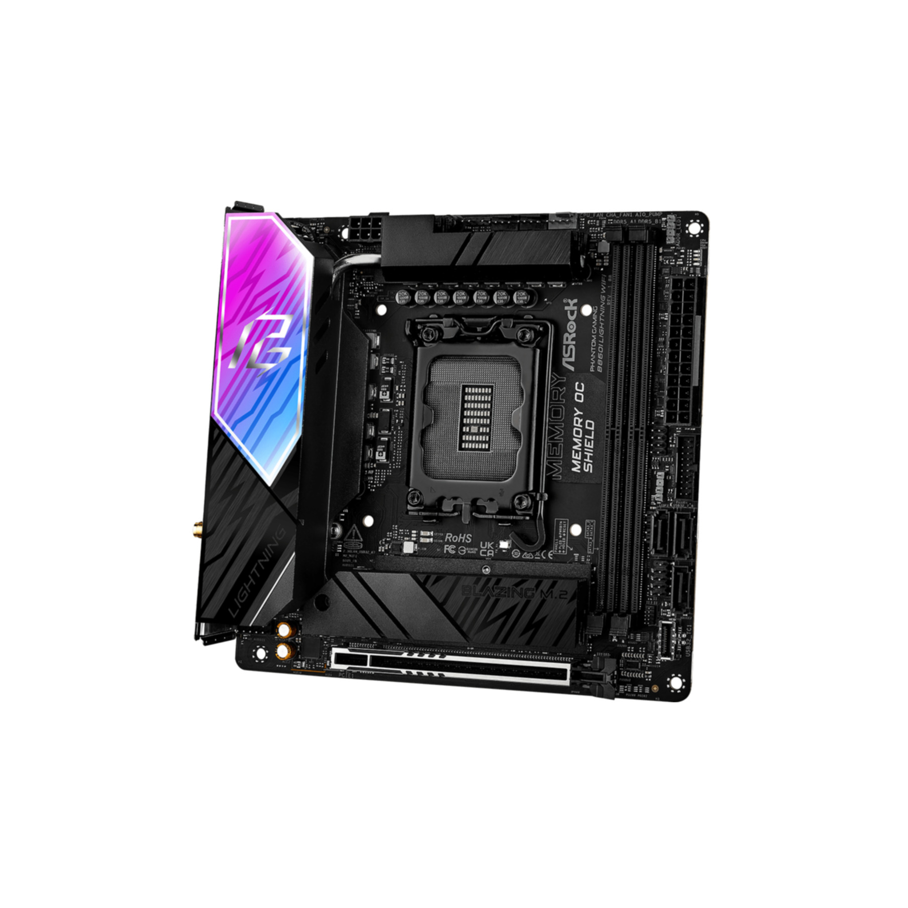 Czarna płyta główna z kolorowym logo, różne porty. Tło jest białe.