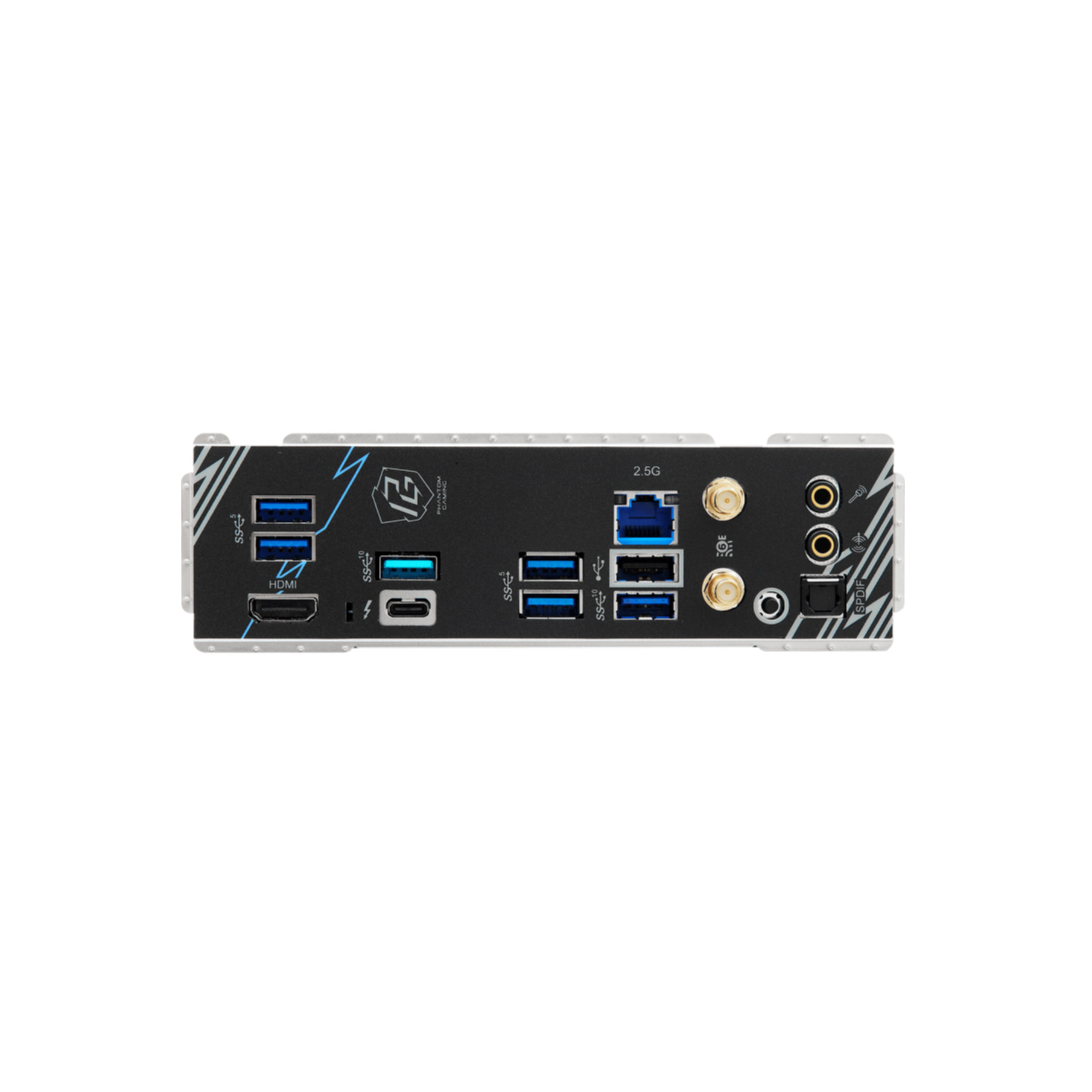 Tylny panel płyty głównej PC z różnymi portami, zbliżenie, białe tło.