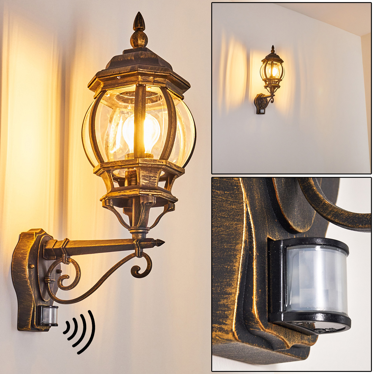 Eine goldene Wandlampe mit Licht. Sie hat ein verziertes Design und einen Bewegungssensor.