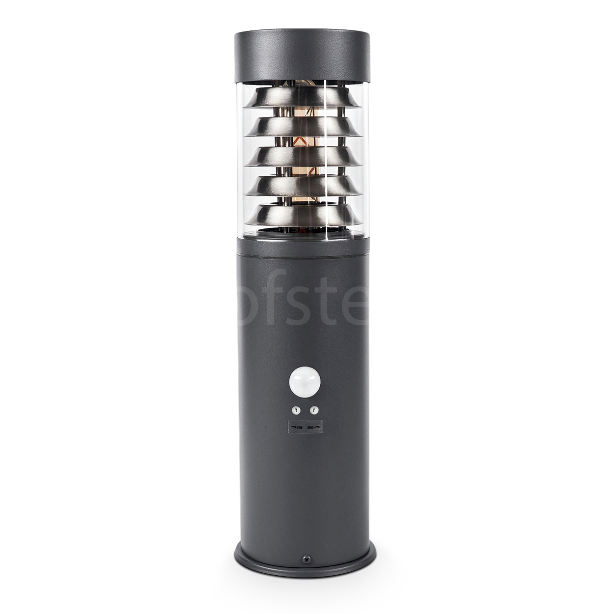 Schwarze, zylindrische Außenlampe. Transparenter, segmentierter Schirm. Weißer Hintergrund. Mit Bewegungssensor und USB.