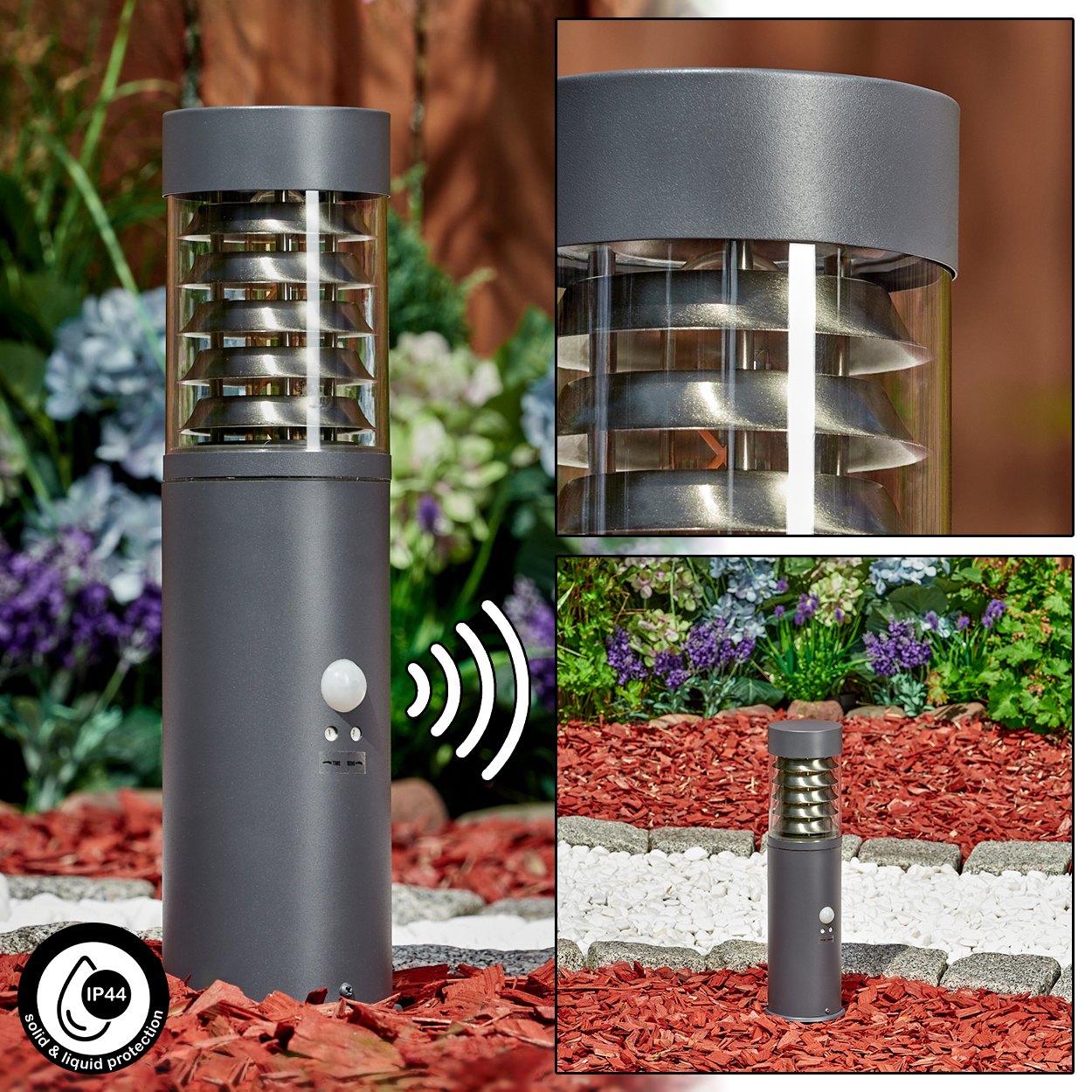 Dunkelgraue Außenlampe in einer Gartenszene. Mit Bewegungsmelder und IP44-Schutz. Verschiedene Ansichten.