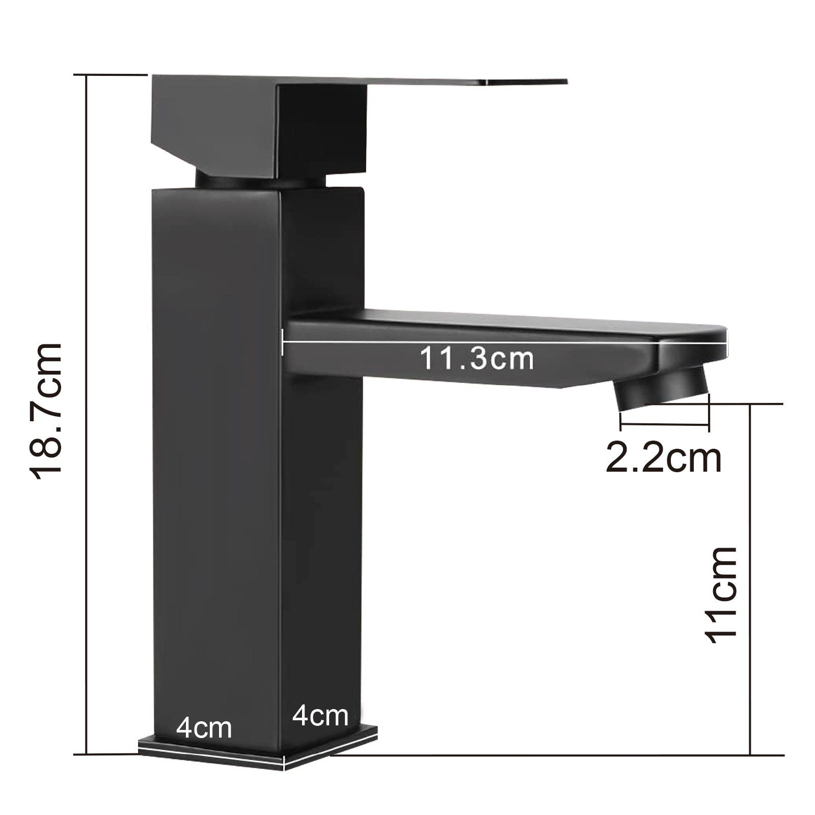 Schwarzer Wasserhahn mit Abmessungen. Der Wasserhahn ist 18,7 cm hoch und hat eine Ausgusslänge von 11,3 cm.