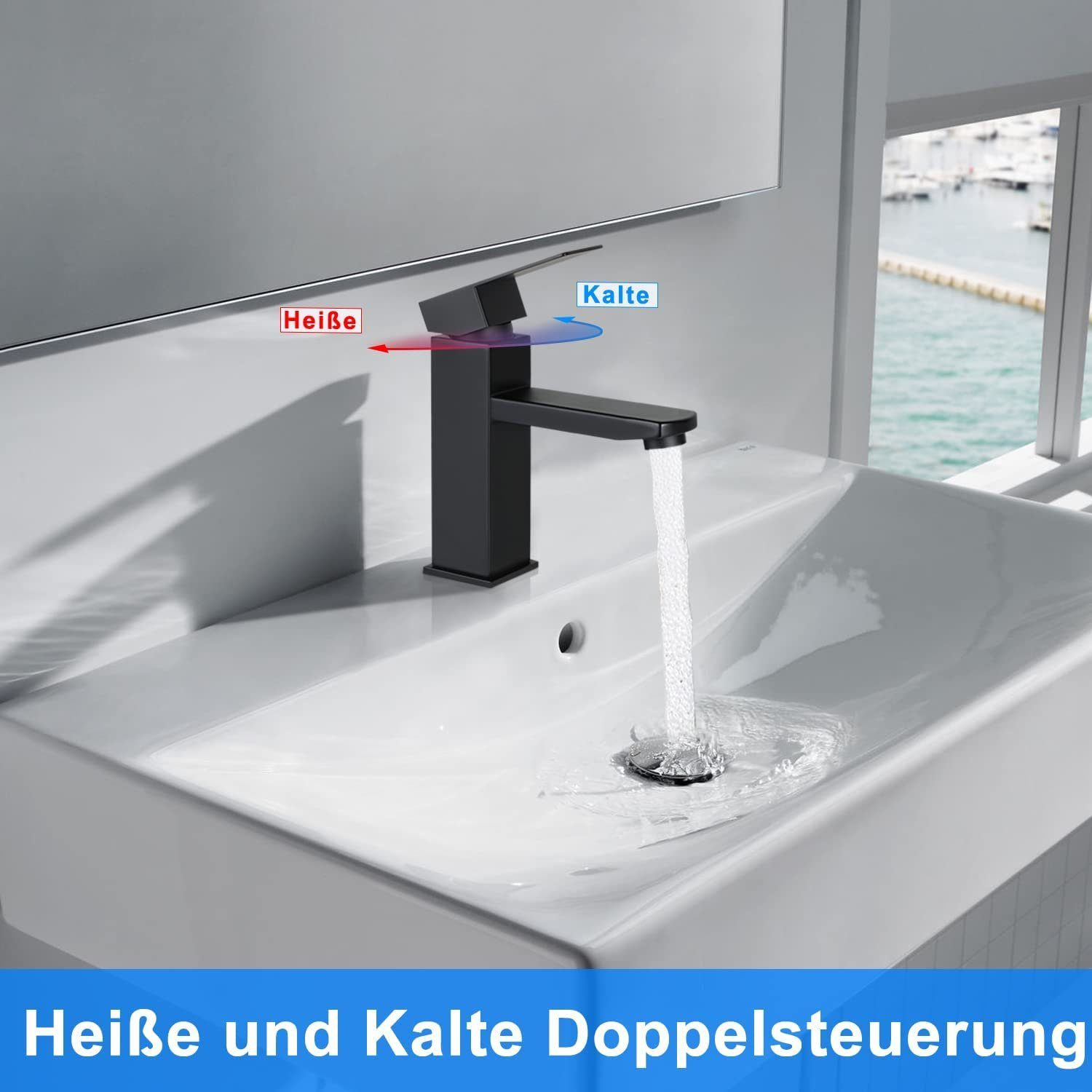 Ein schwarzer Wasserhahn mit Warm- und Kaltwasseranzeigen über einem weißen Waschbecken. Wasser läuft.