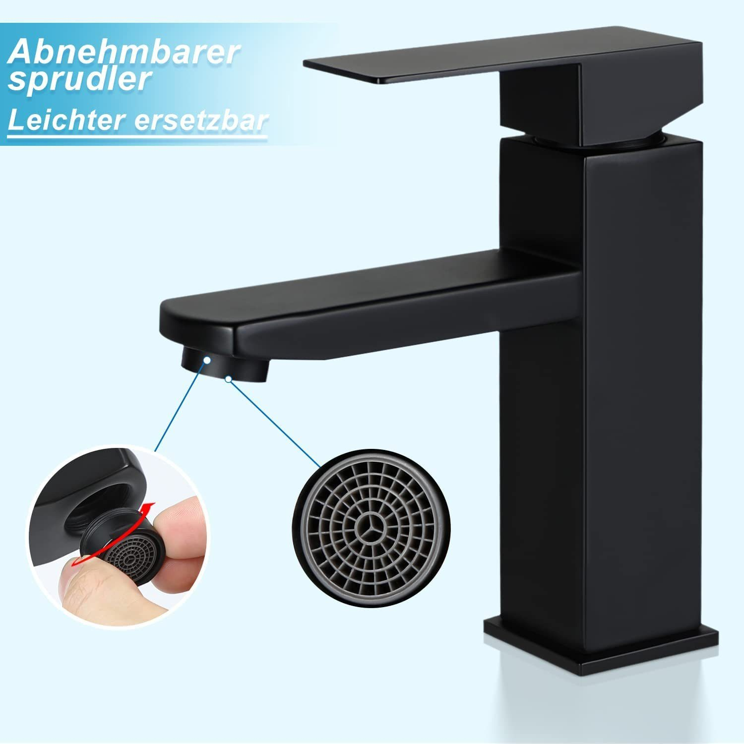 Schwarzer Wasserhahn mit einem herausnehmbaren Luftsprudler, gezeigt mit einem Beispiel für das Entfernen.