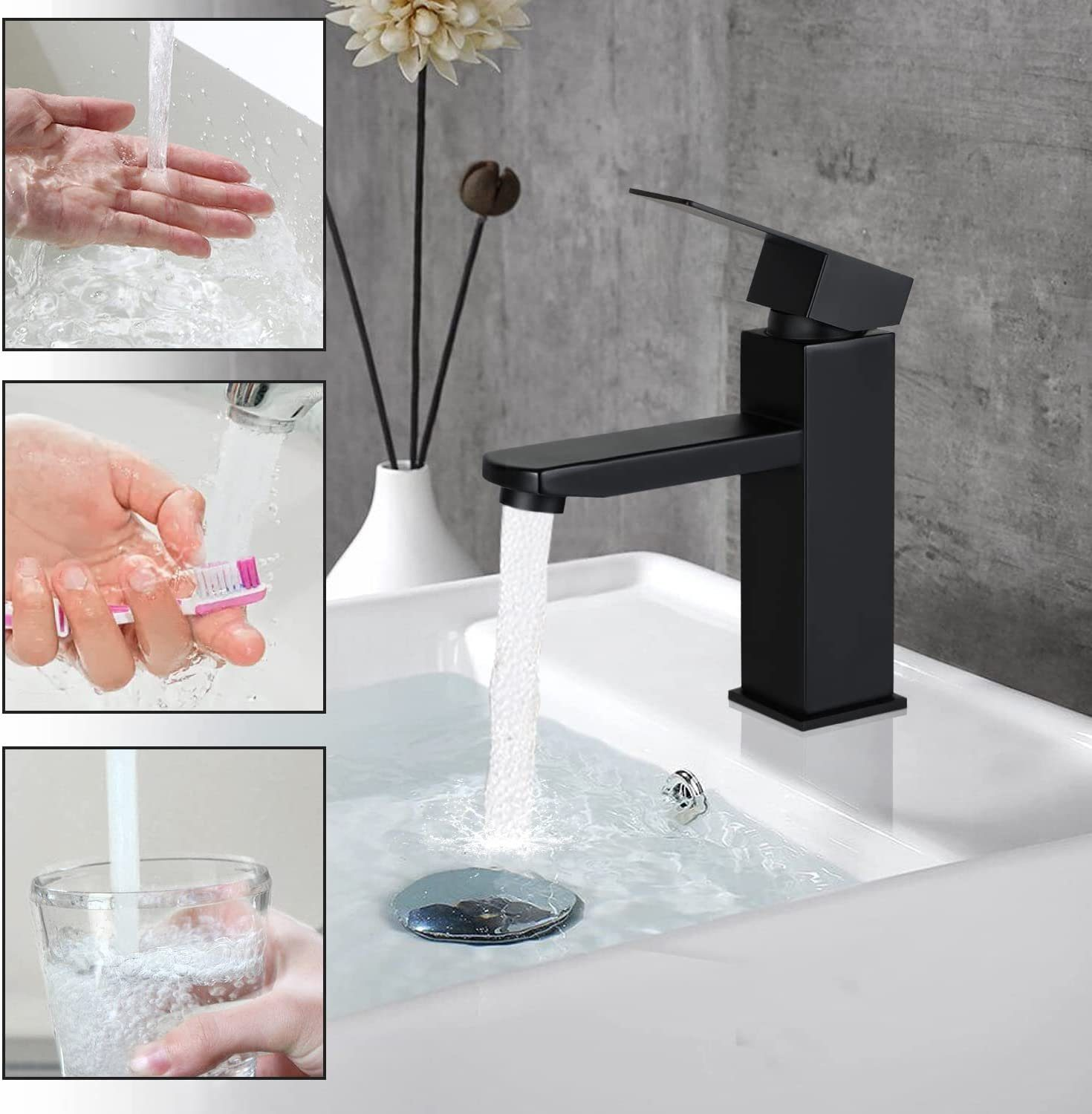 Schwarzer Wasserhahn, Wasser läuft in ein weißes Waschbecken. Hände waschen, Zahnbürste, Glas füllen.