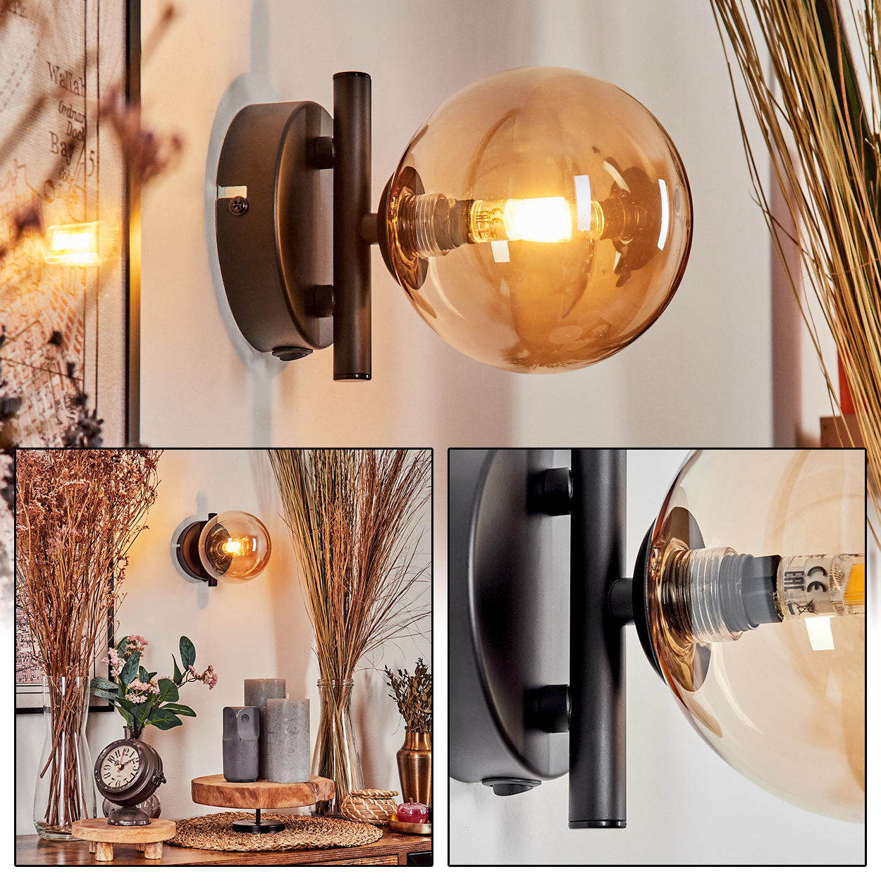 Eine Wandleuchte mit einer runden, bernsteinfarbenen Glühbirne. Die Lampe ist schwarz und an einer weißen Wand montiert.
