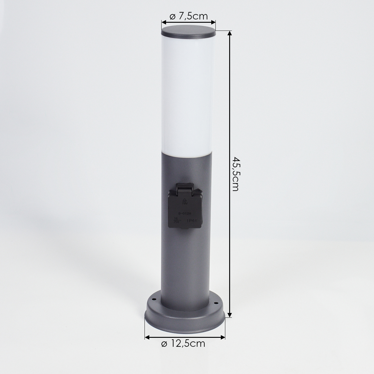 Graue zylindrische Außenlampe mit Abmessungen. Zeigt obere und untere Durchmesser.