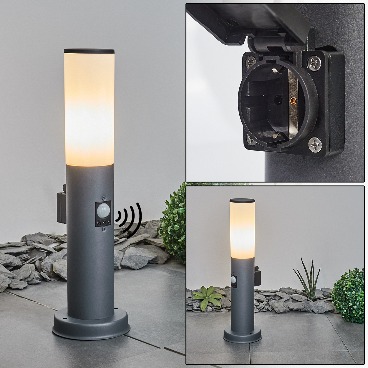 Außenlampe mit Licht, Bewegungssensor und Steckdose. Sie ist grau und zylindrisch.