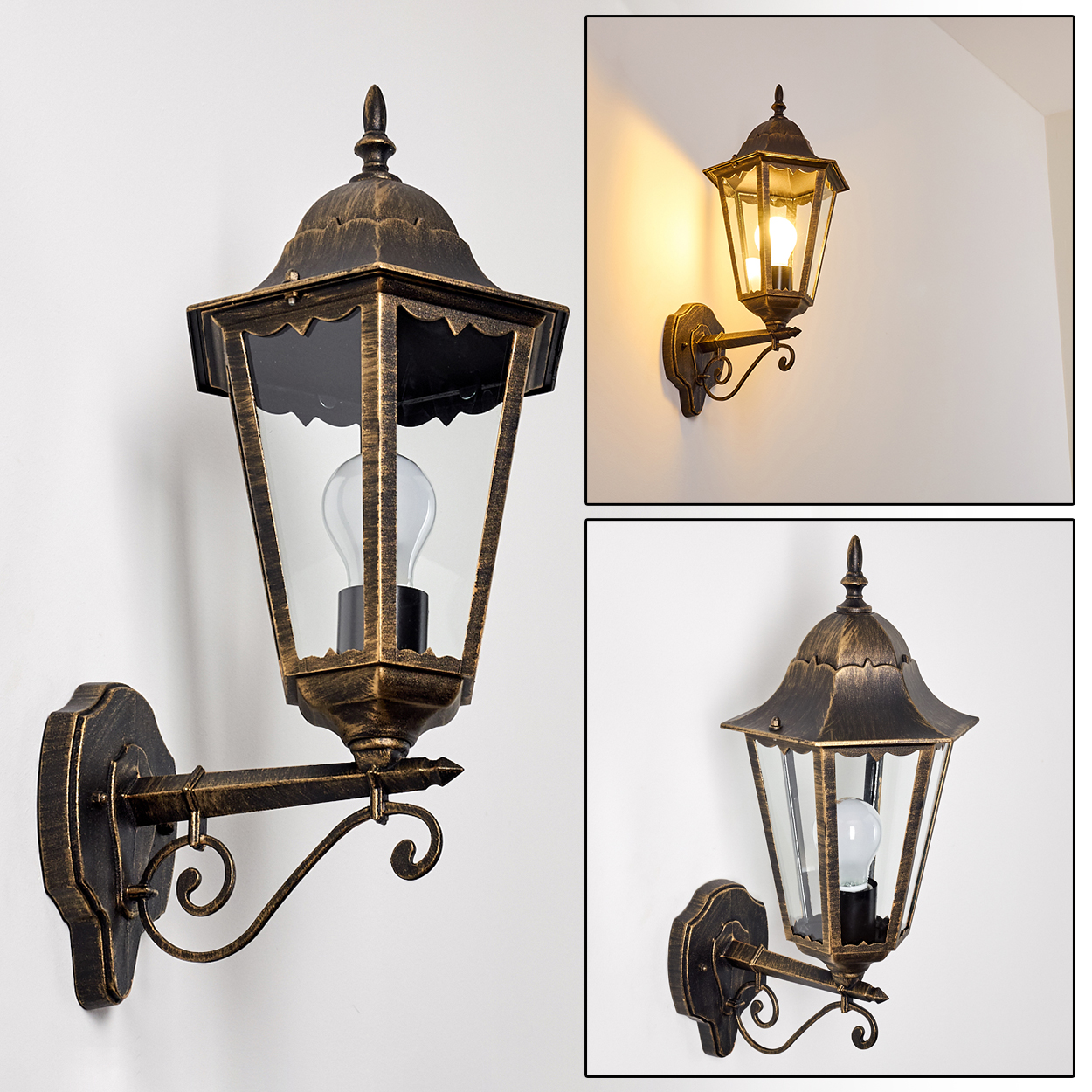 Verschiedene Bilder einer Wandlampe mit goldenem Rahmen, Glasscheiben und Licht. An weißer Wand.