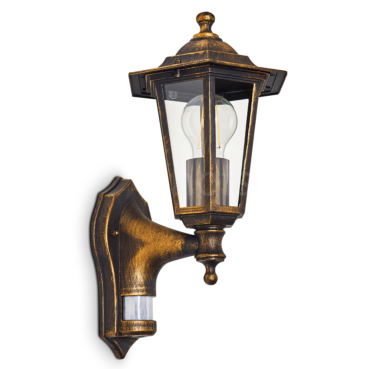 Bronze-farbene Außenwandleuchte mit Glaspaneelen und einer Glühbirne.