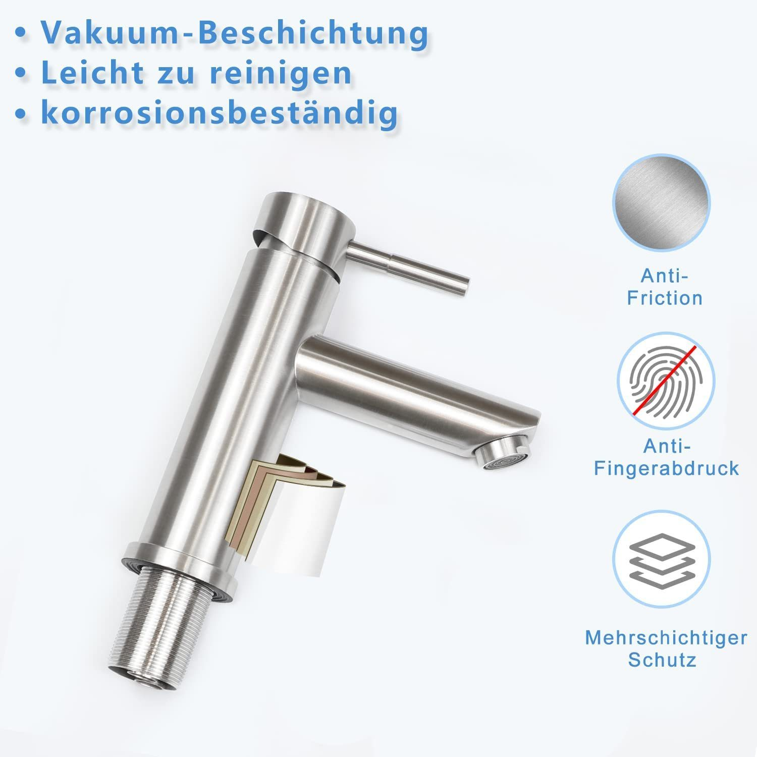 Nahaufnahme eines Wasserhahns mit Vakuumbeschichtung, leicht zu reinigen, Anti-Reibung usw. Icons.