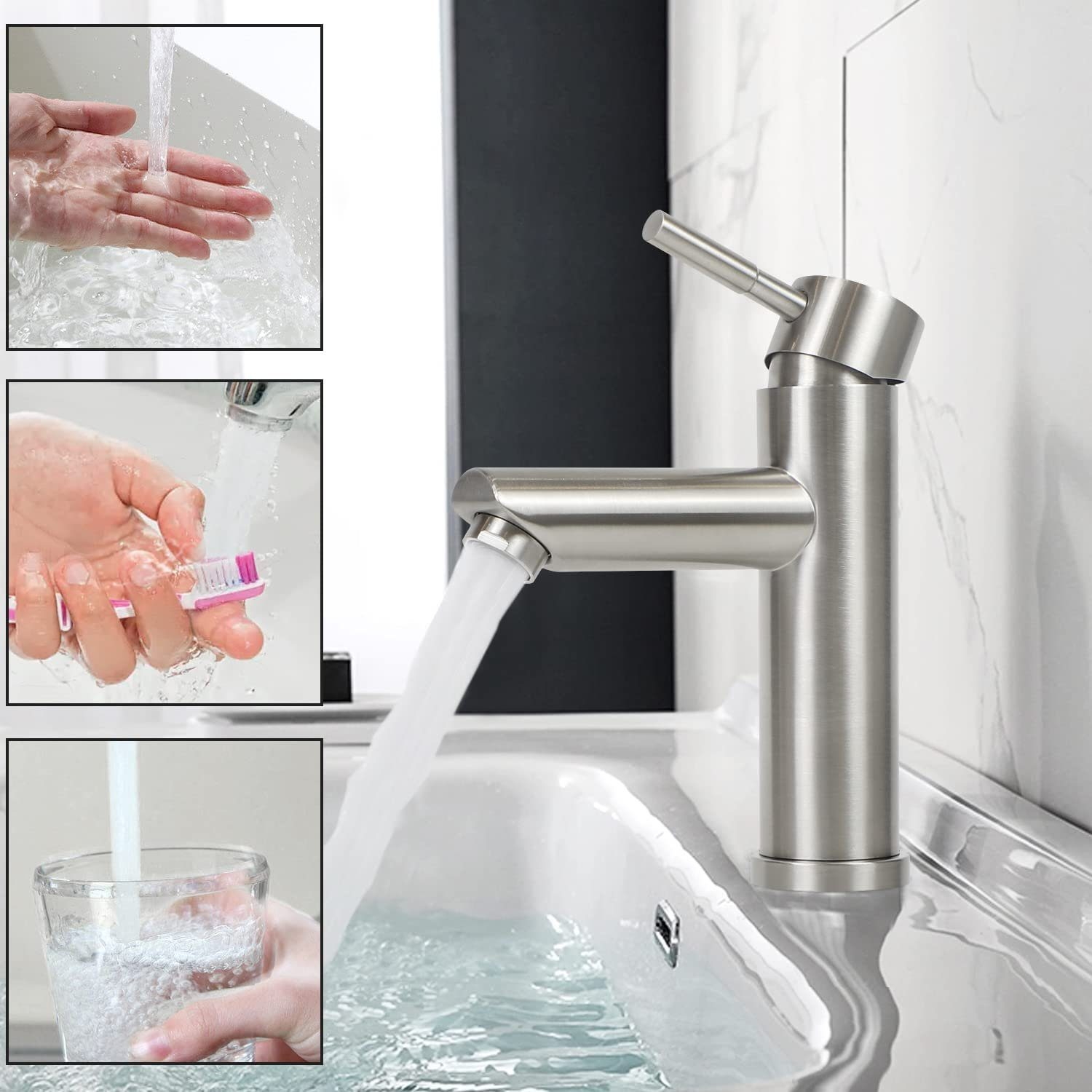 Silberner Wasserhahn, der Wasser gießt. Hände waschen, Zähne putzen und ein Glas mit Wasser füllen werden gezeigt.