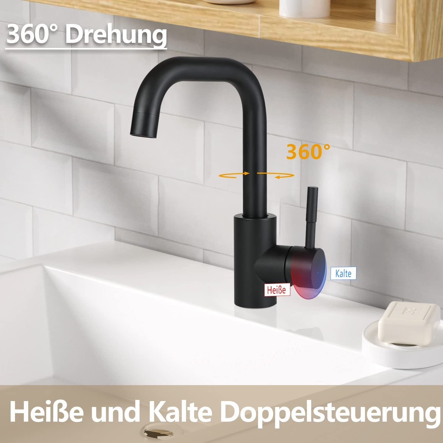 Schwarzer Wasserhahn mit Warm- und Kaltanzeige, der Wasser in ein weißes Waschbecken gießt. 360° Drehung.