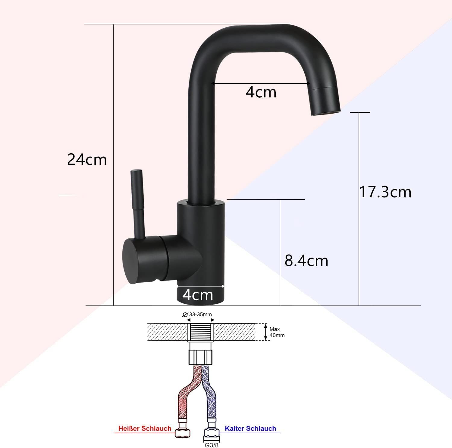 Schwarzer Wasserhahn mit Maßen und Wasseranschluss-Diagramm, auf weißem Grund.