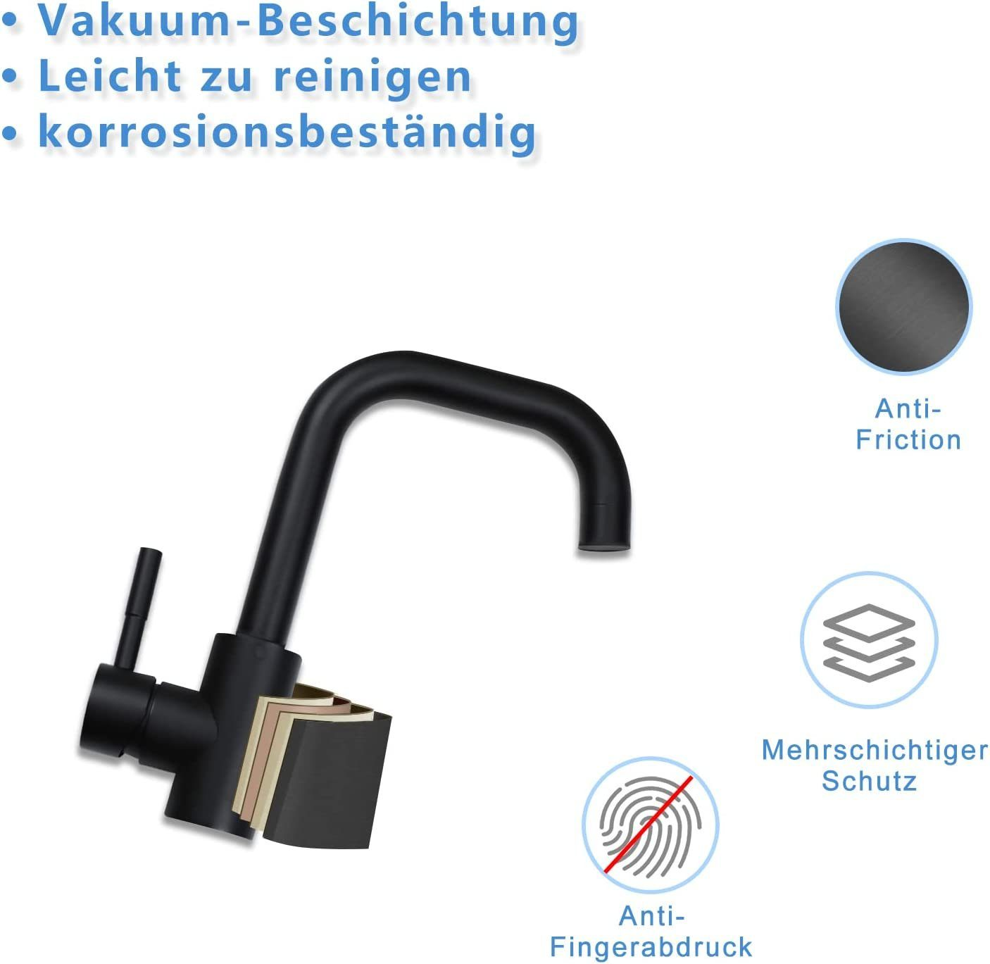 Schwarzer Wasserhahn mit Vakuumbeschichtung, leicht zu reinigen und korrosionsbeständig. Anti-Fingerabdruck.