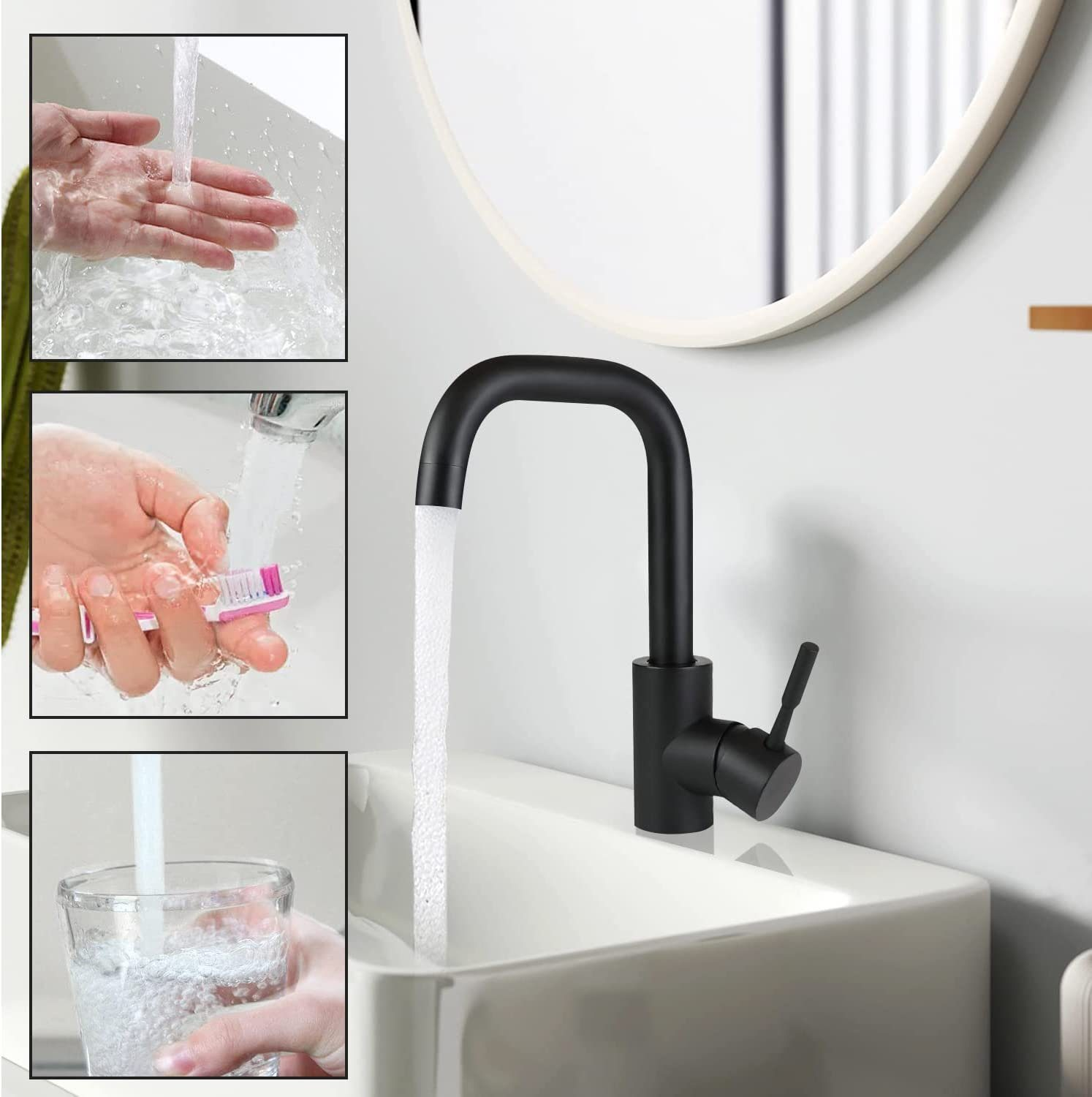 Schwarzer Wasserhahn, der Wasser in ein weißes Waschbecken gießt. Hände waschen, Zähne putzen, Glas füllen.