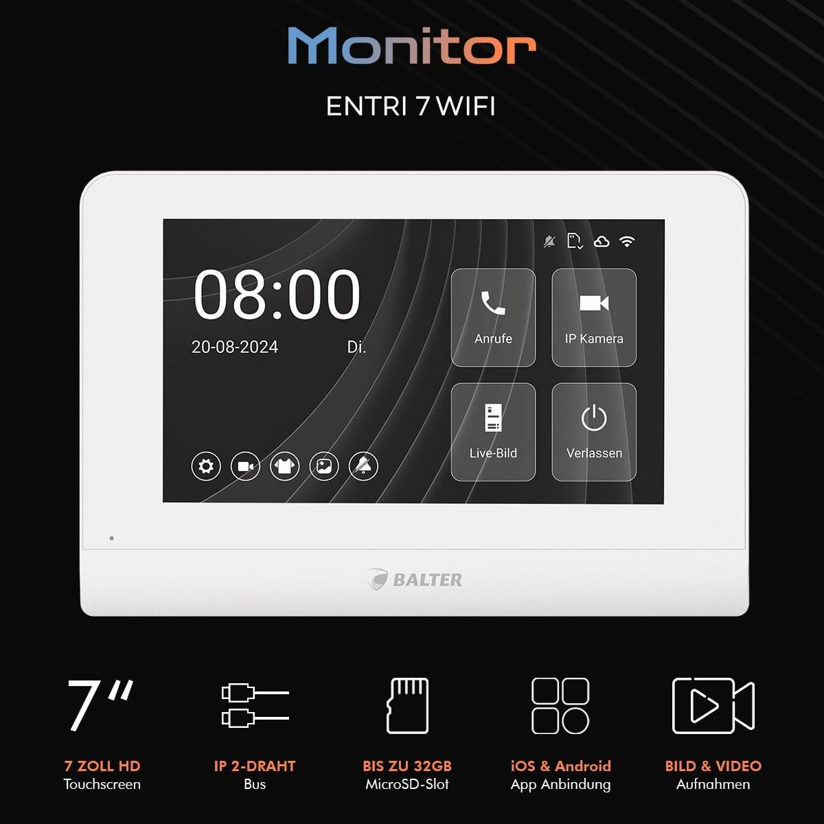 Weißer Intercom-Monitor mit Uhrzeit, Datum und Schaltflächensymbolen.