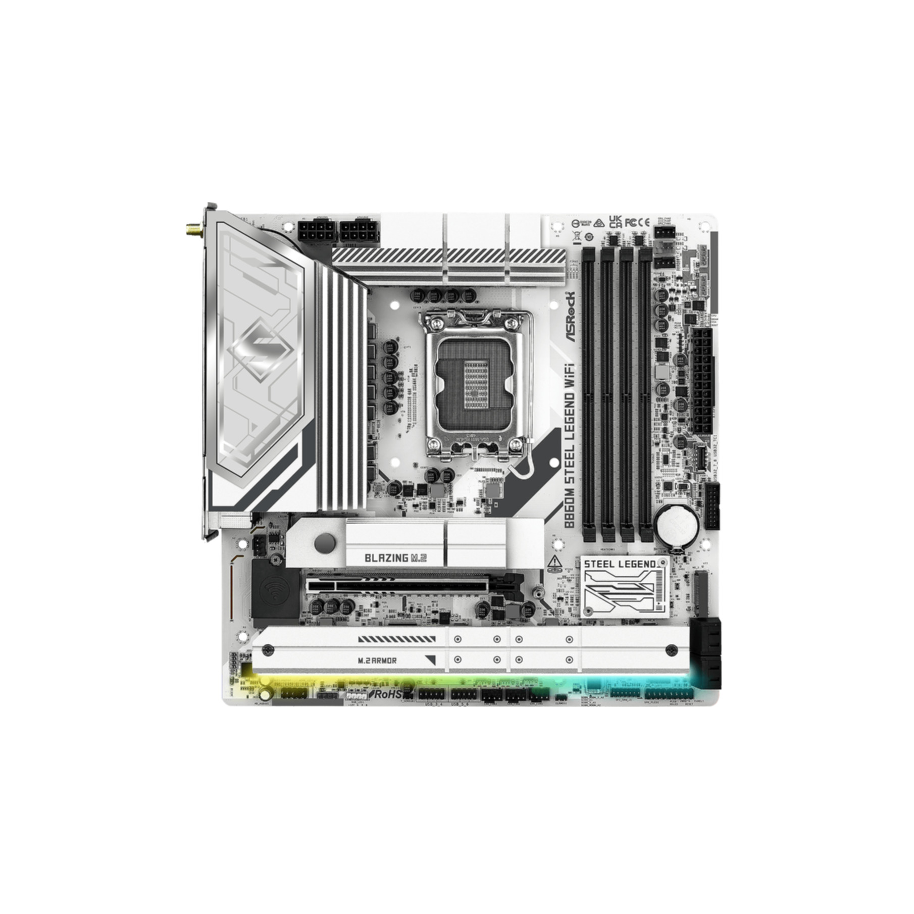 Biała i srebrna płyta główna komputera z różnymi komponentami.