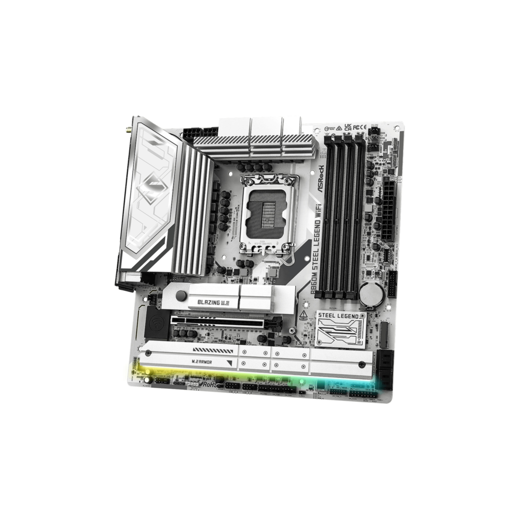 Biała i srebrna płyta główna komputera z różnymi komponentami.