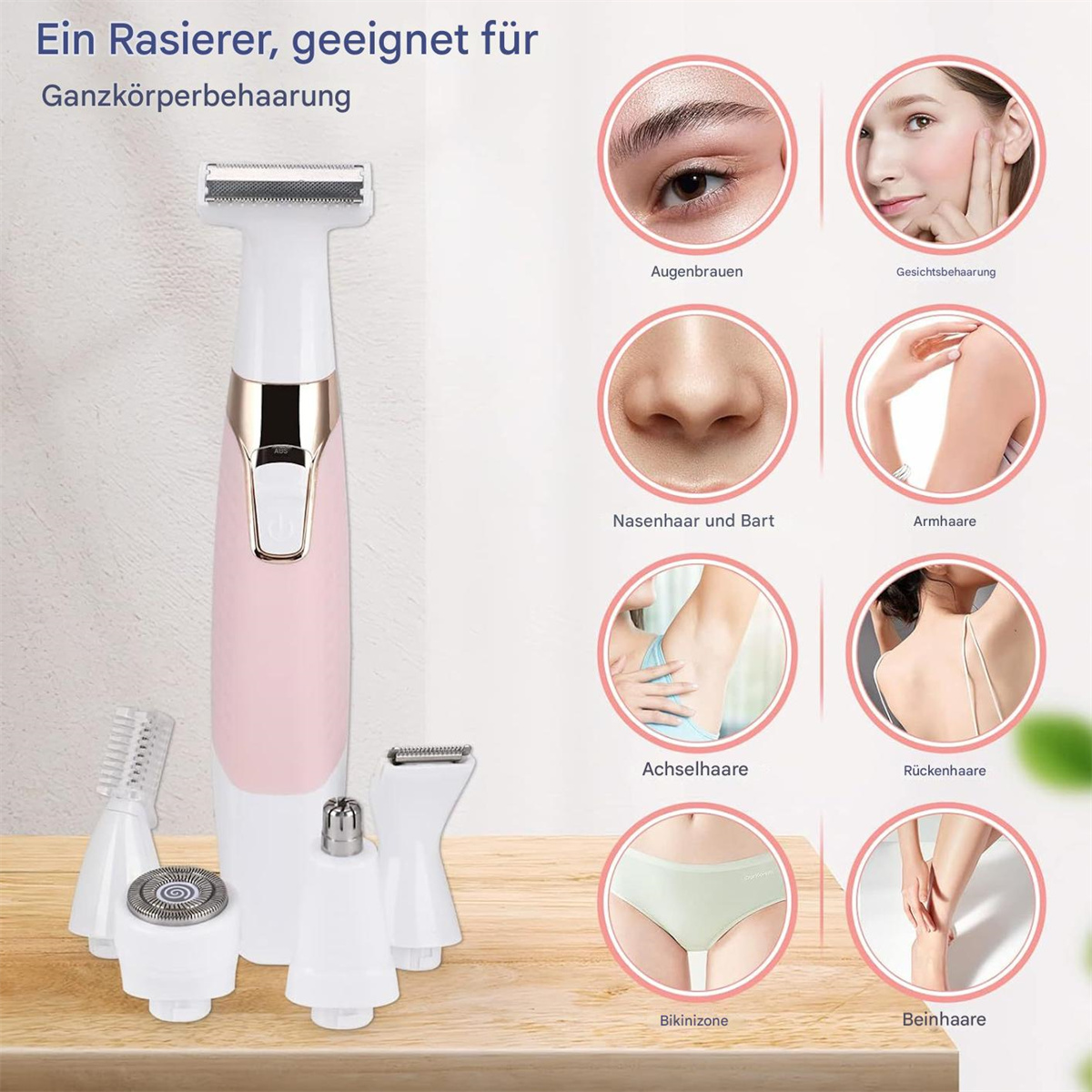 Ein rosa-weißes Haarentfernungsgerät mit verschiedenen Aufsätzen wird gezeigt.