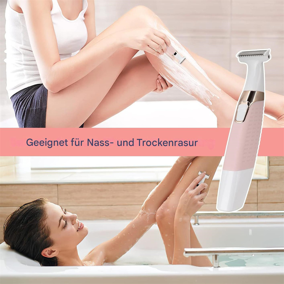 Ein rosa-weißes Haarentfernungsgerät mit mehreren Aufsätzen wird gezeigt.