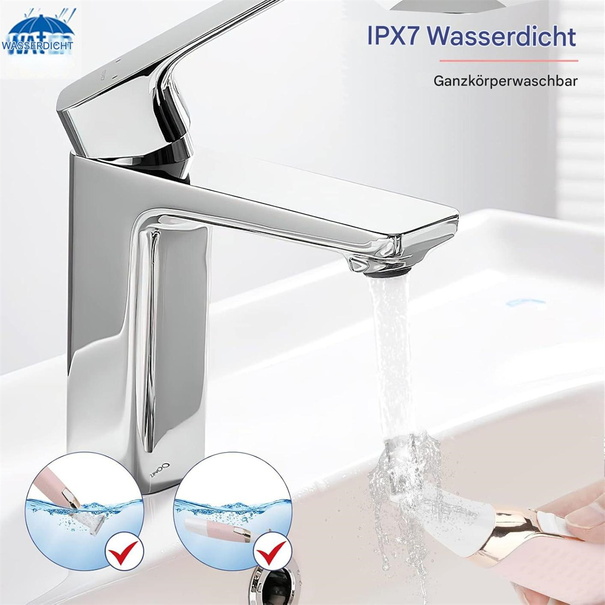 Ein verchromter Wasserhahn mit fließendem Wasser und ein Haarentfernungsgerät wird gezeigt.