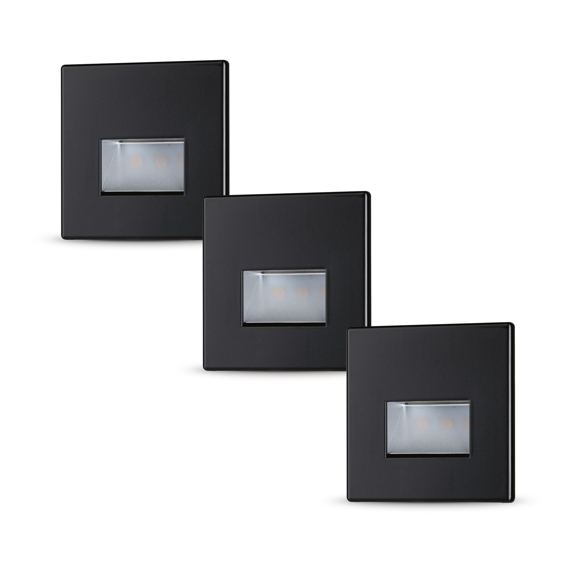 Trzy czarne kwadratowe światła na białym tle.