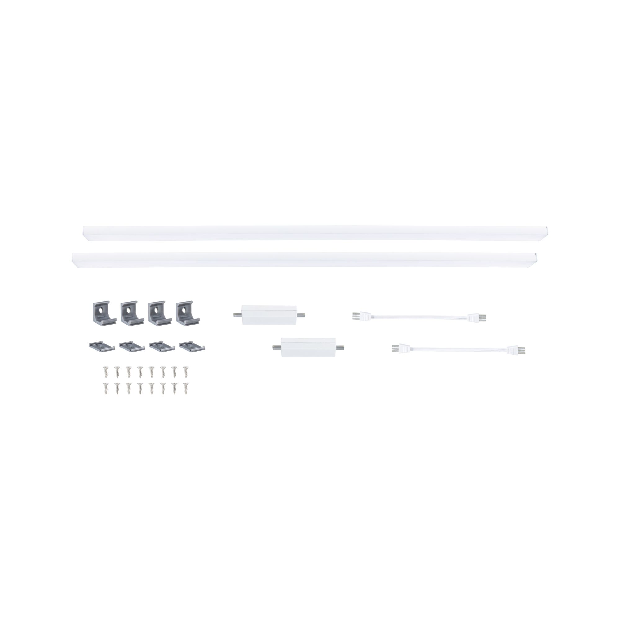 Verschiedene Beleuchtungskomponenten, darunter LED-Streifen, Verbinder und Clips.