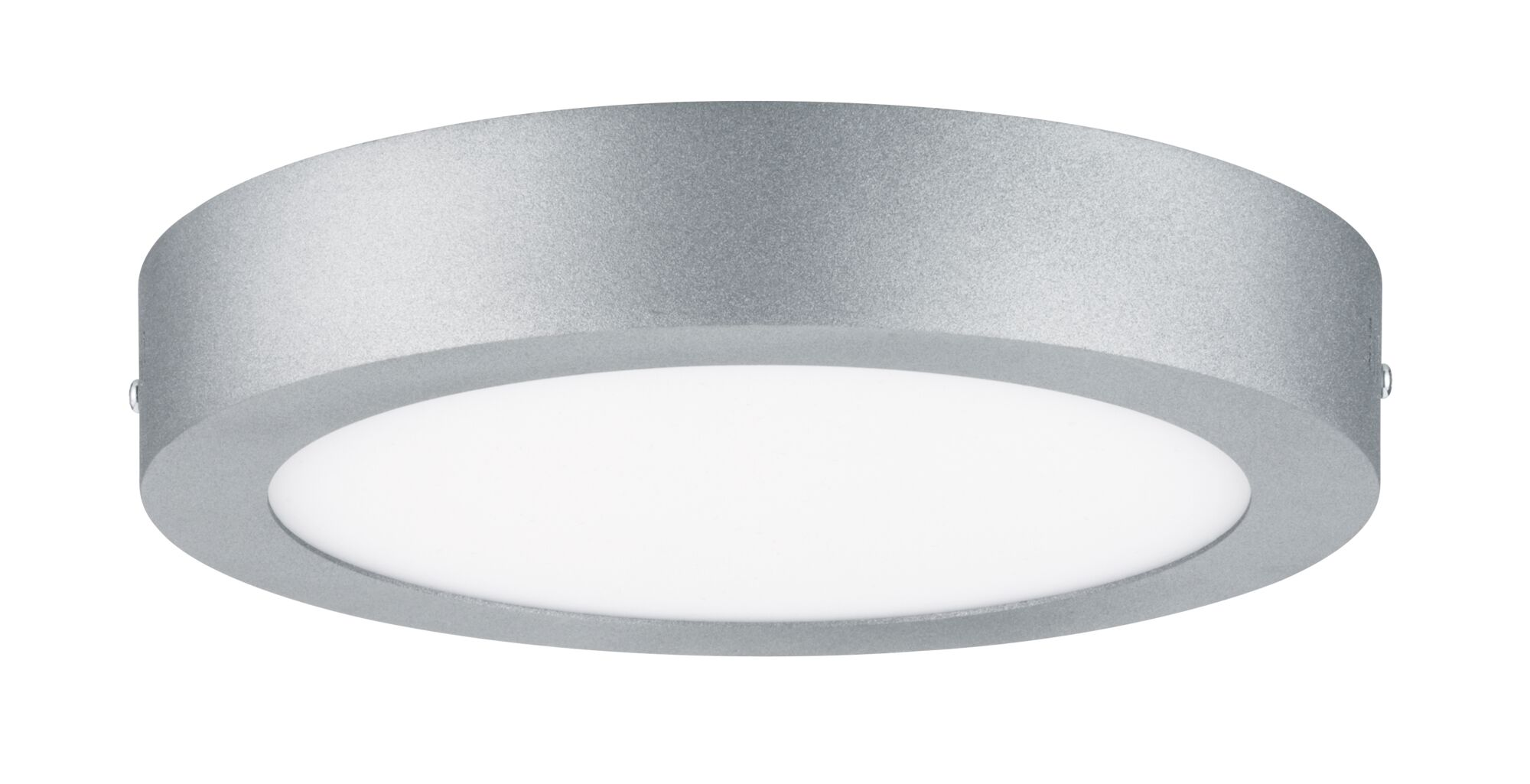 Silberfarbene, runde Deckenleuchte. Sie hat eine weiße, kreisförmige Lichtquelle in der Mitte.