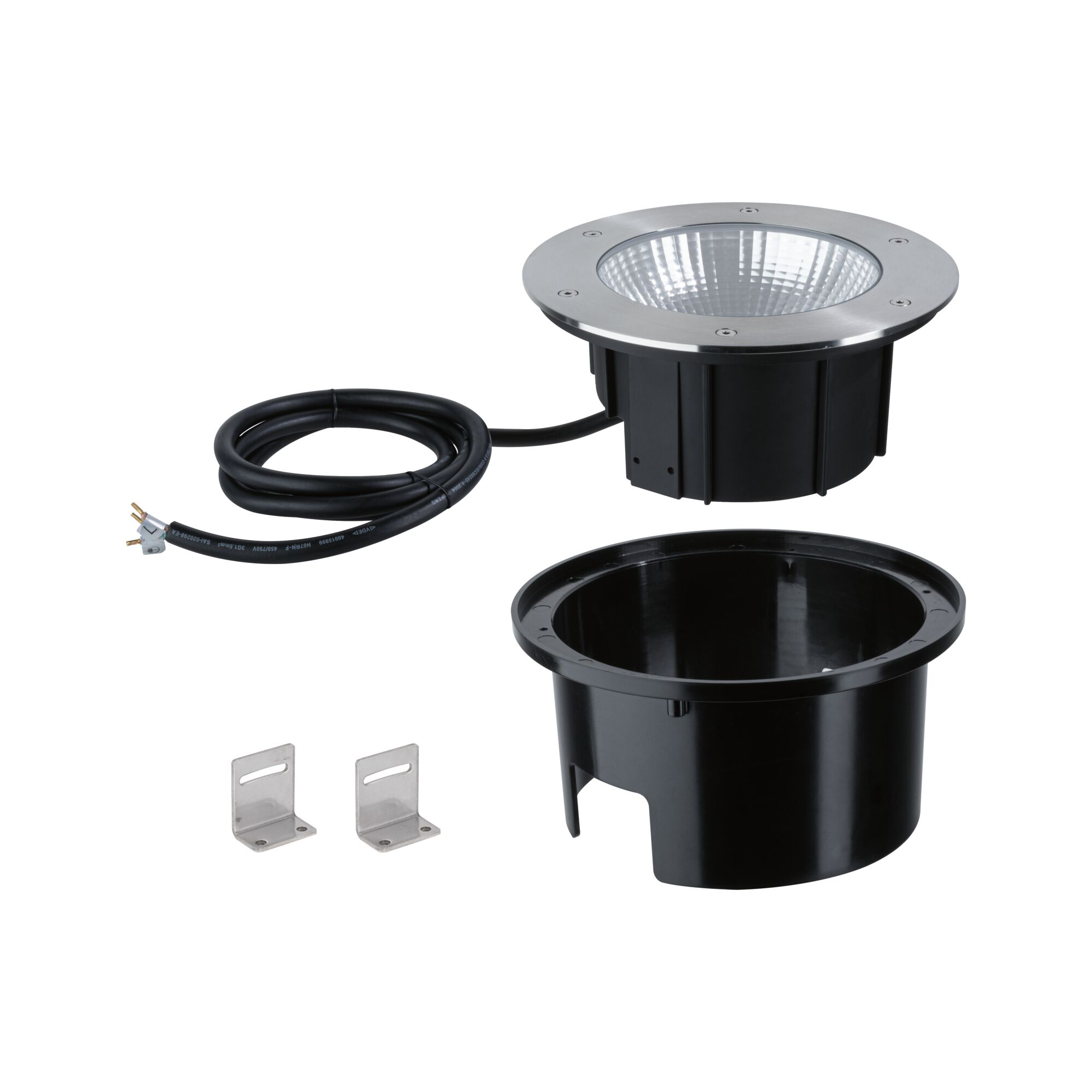 Oprawa oświetleniowa wpuszczana w ziemię z czarną obudową, srebrną obwódką i kablem z wtyczką. Światło jest odsłonięte.