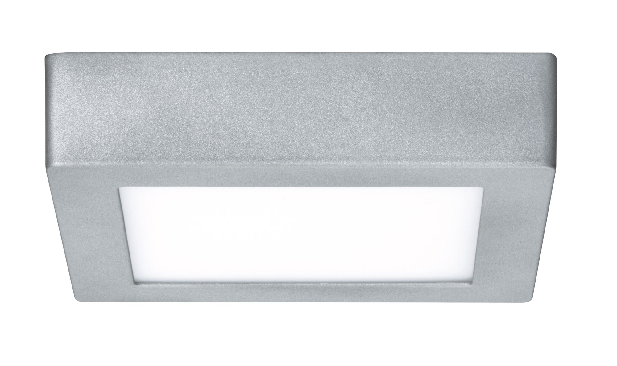 Apparecchio di illuminazione a LED rettangolare argentato, che emette una luce bianca brillante.